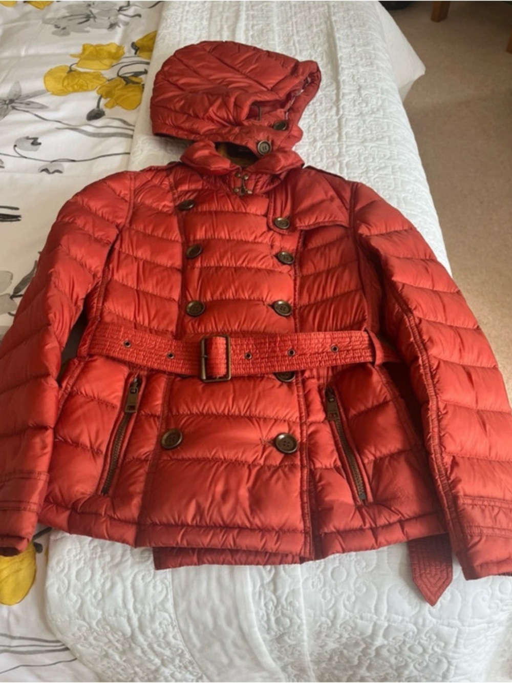 Women's Burberry Quilted Belted Puffer Jacket in Red